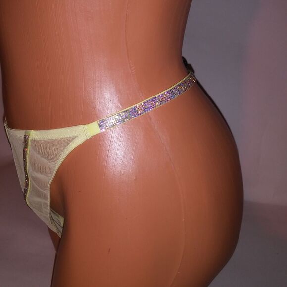 Victoria Secret Panty XL Thong Yellow Sheer Shine Strap Very Sexy New - Picture 3 of 11